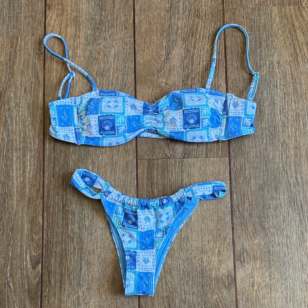 Blue Patterned Bandeau Bikini Set